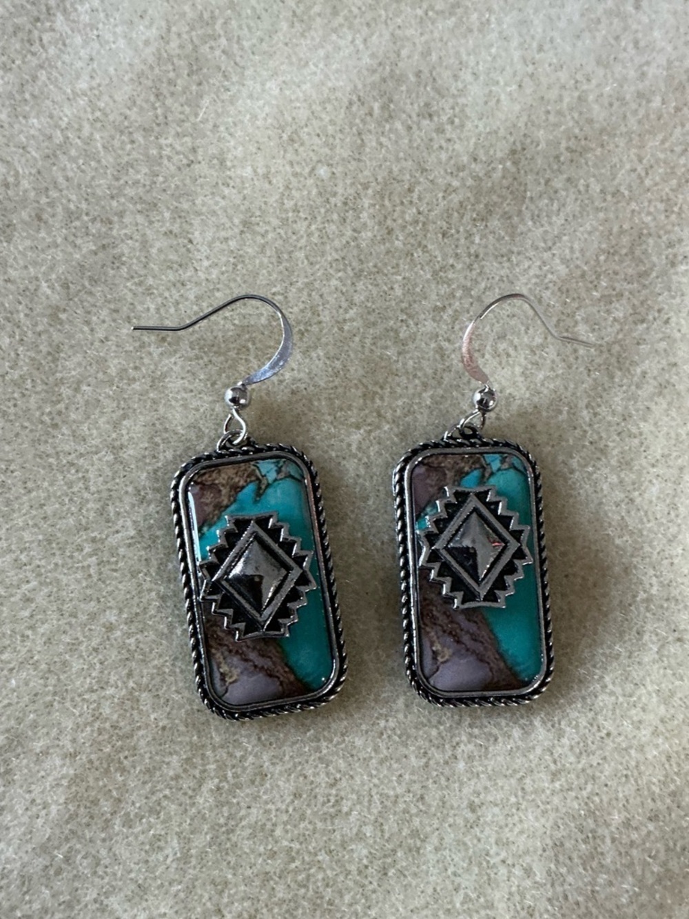Rectangle Drop Earrings with Silver Tribal Accent - Picture 2 of 2